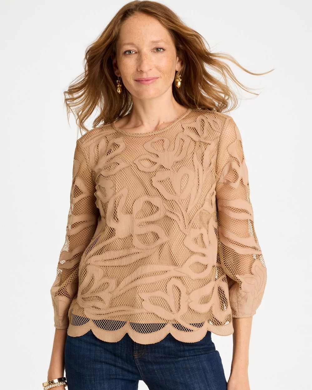 Floral-Motif Mesh 3/4 Sleeve Top | Chico's